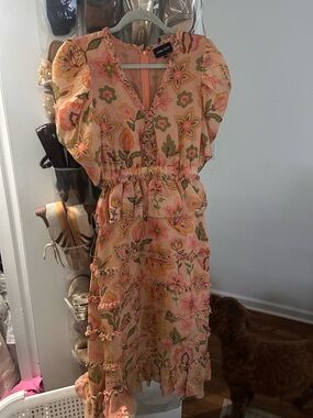 Jessie Zaho Floral Ruffle Midi Dress in Peach